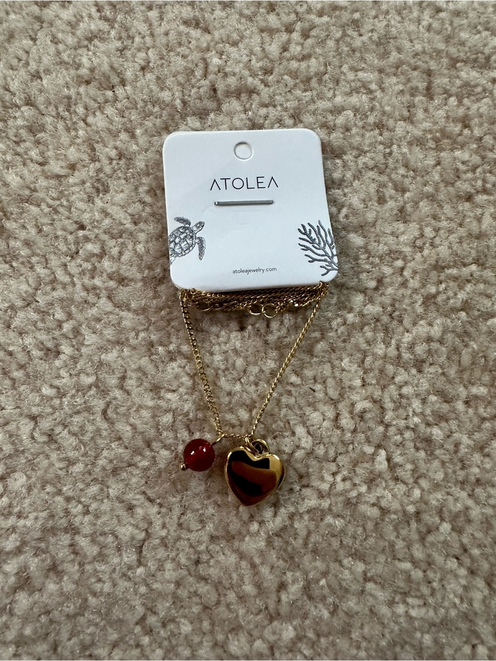 ATOLEA Gold Heart Pendant Necklace with Red Accent Bead